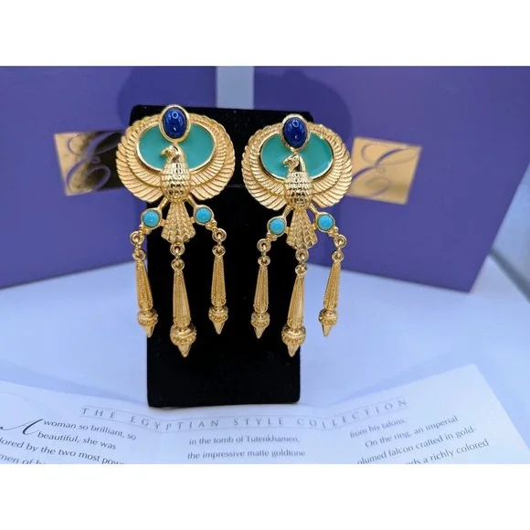 Elizabeth Taylor Avon Egyptian Revival Falcon Clip Earrings Gold 3in Vintage Set